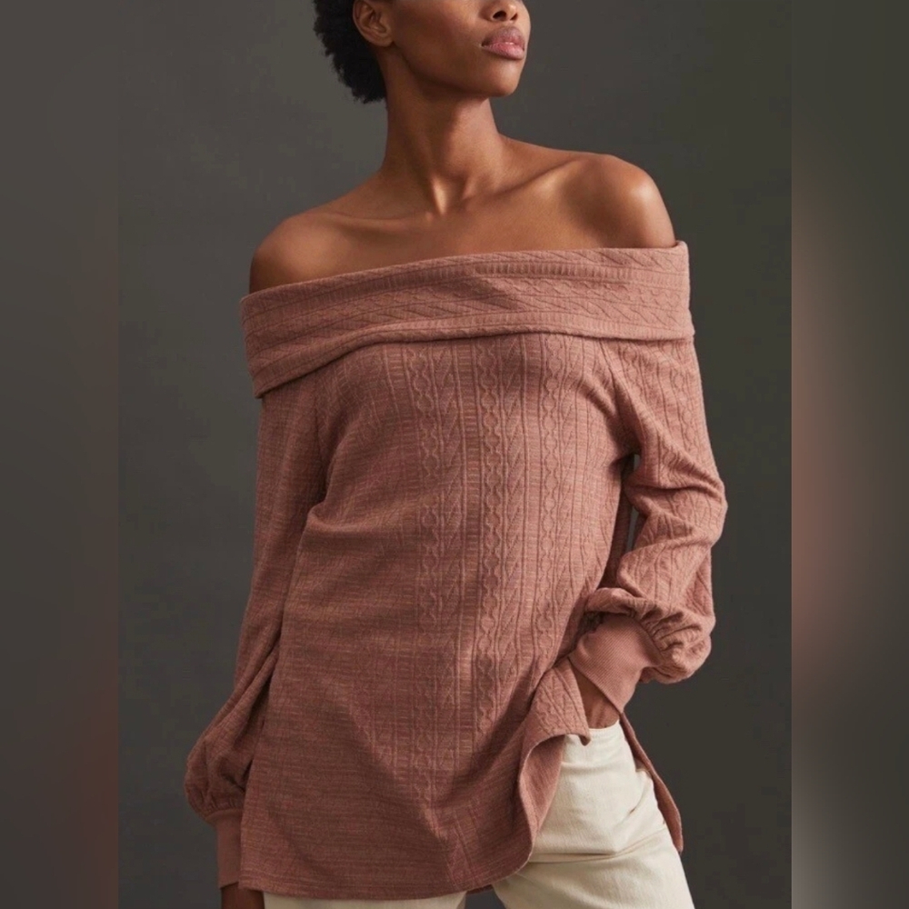 NWT Anthropologie Off Shoulder Cowl Neck High Low Dusty Rose Mauve Size Large - Picture 1 of 9